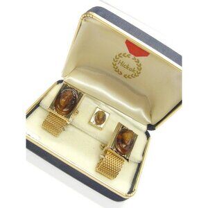 Hickok Tiger Eye Cameo Cufflinks Set Gold Tone Wedding Accessories Vintage
